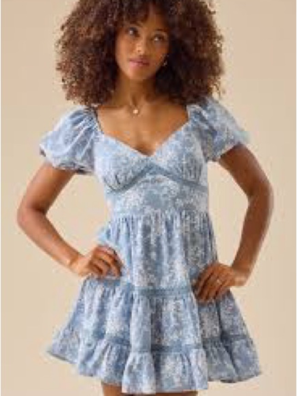 Altar'd State Blue and White Floral Puff-Sleeve Mini Dress
